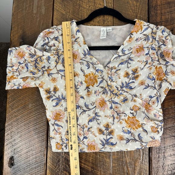 Joie Faux-Wrap Cropped Floral Top Smocked Sheer Sleeves Cream Orange Boho Print - Picture 8 of 12